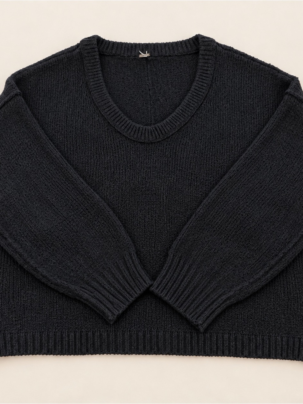Free People Black Textured Knit Crewneck Sweater XL
